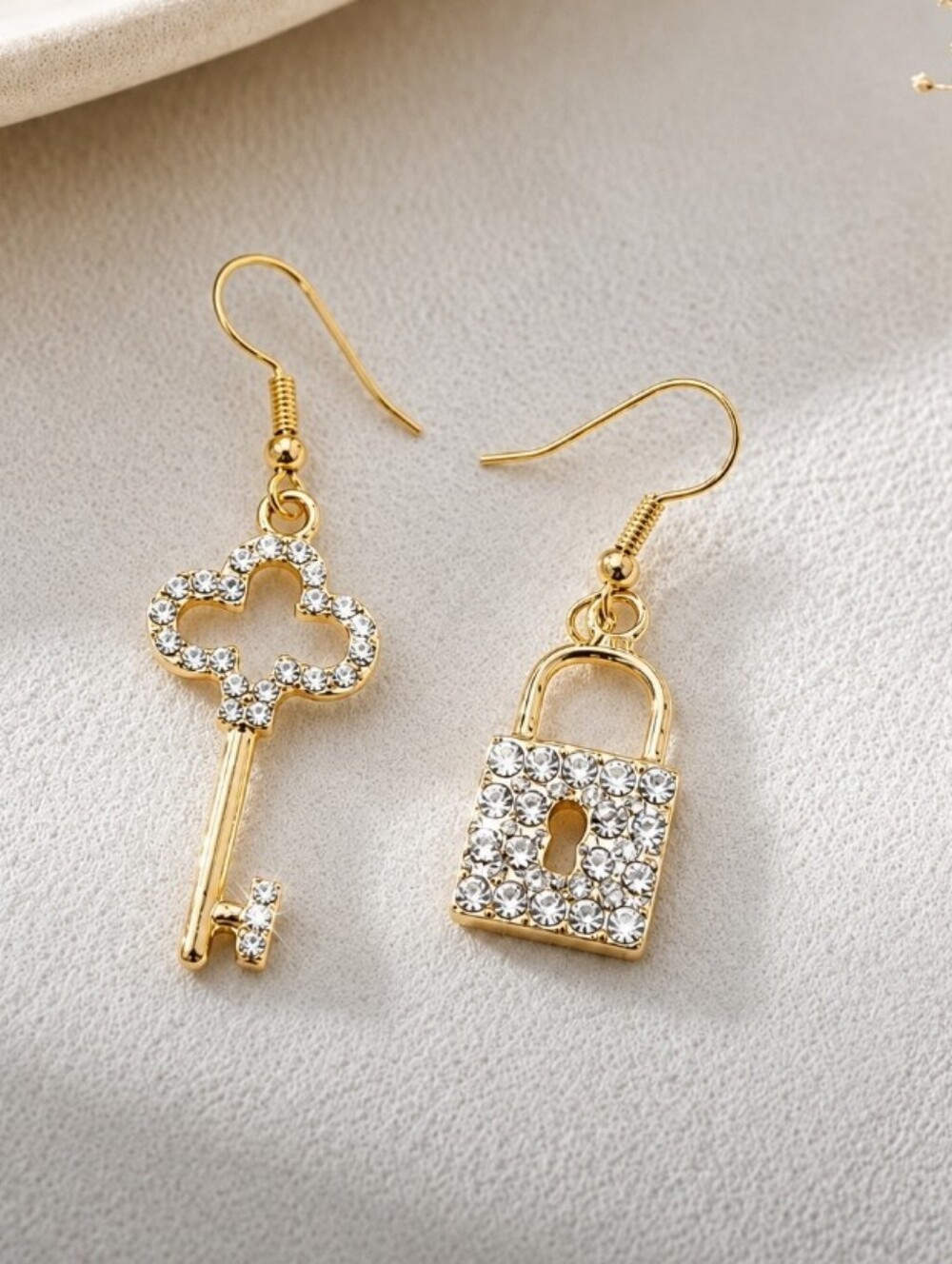 Gold Key and Padlock Crystal Drop Earrings -